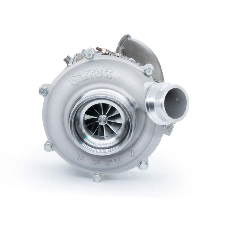 Garrett PowerMax 951206-5001S upgraded turbocharger for 2017–2019 Ford 6.7L Power Stroke, OEM Garrett unit with 63.5mm compressor inducer for increased airflow.