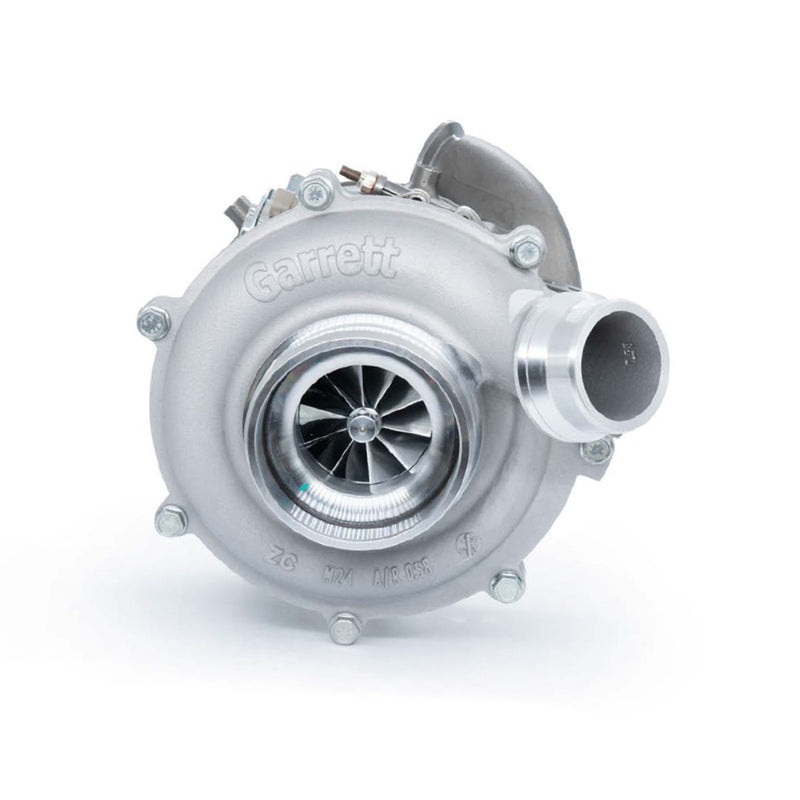 Garrett PowerMax 951206-5001S upgraded turbocharger for 2017–2019 Ford 6.7L Power Stroke, OEM Garrett unit with 63.5mm compressor inducer for increased airflow.