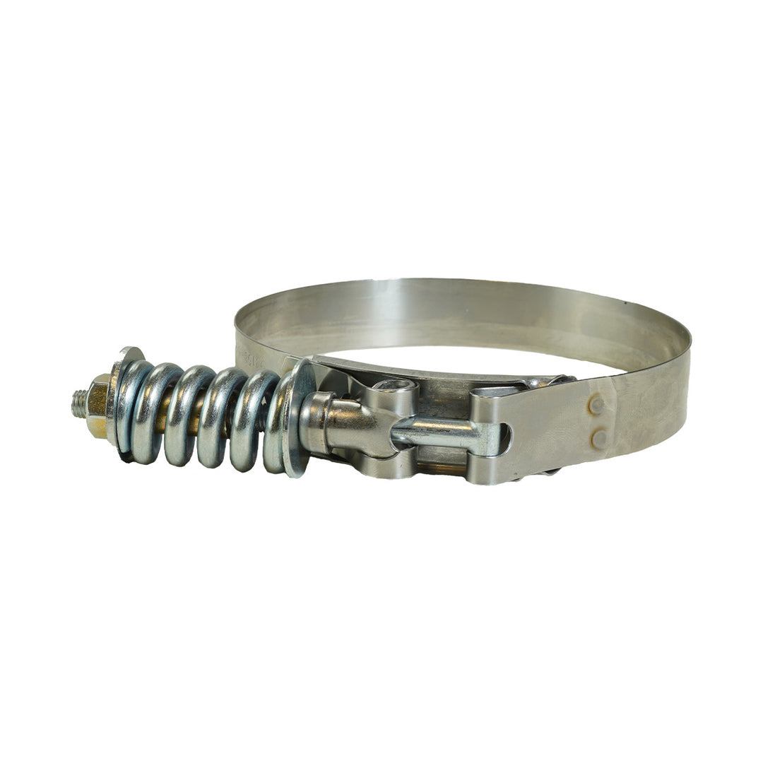 Spring-loaded T-bolt clamp used for securing charge air cooler boots.