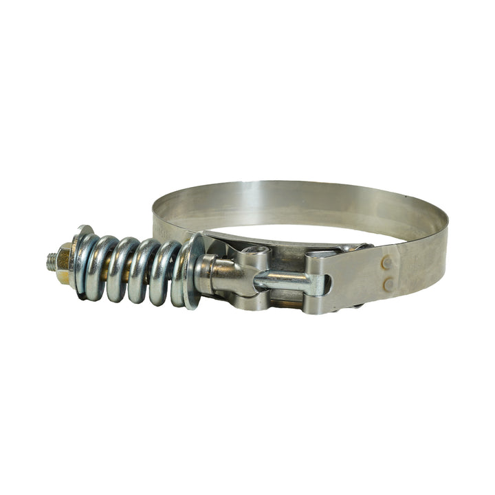 Spring-loaded T-bolt clamp used for securing charge air cooler boots.