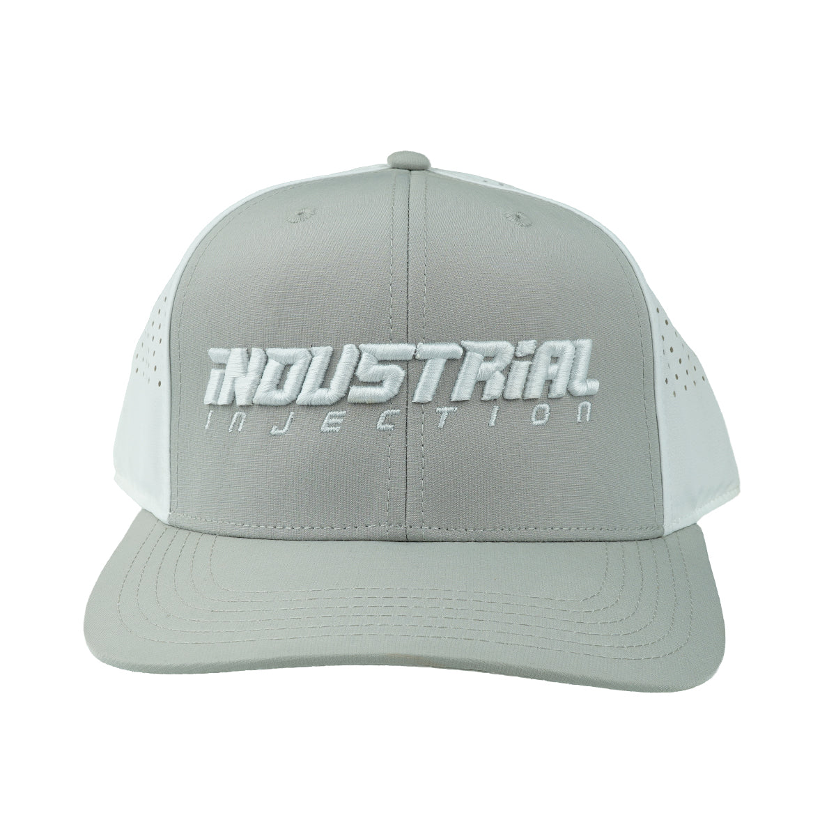 Industrial Injection gray and white performance fabric trucker hat