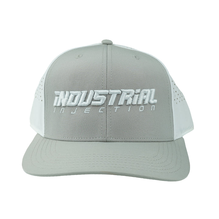 Industrial Injection gray and white performance fabric trucker hat