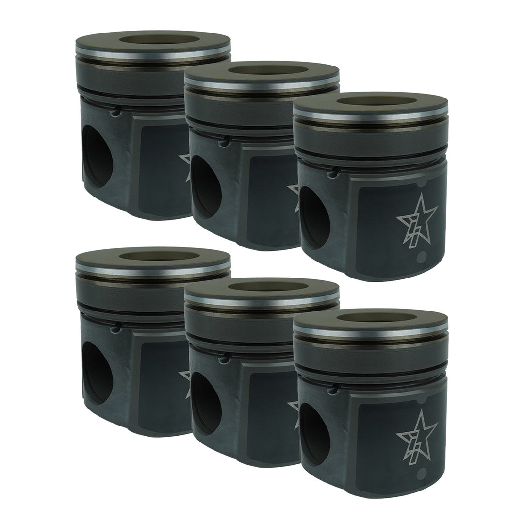 Industrial Injection X Series coated and chamfered diesel engine piston set with six performance pistons for Cummins, Duramax, and Power Stroke engine builds